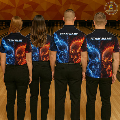 Group of bowlers in fire lightning skull team shirts, personalized bowling uniforms back view.
