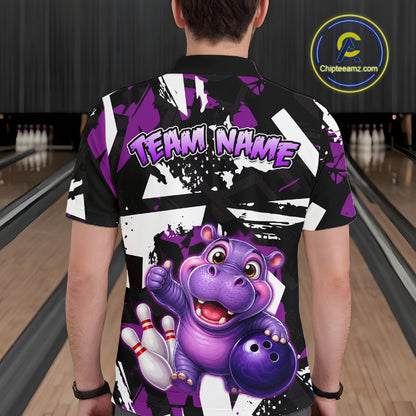 Man wearing a bowling polo shirt featuring a cheerful purple hippo mascot holding a bowling ball, with custom team name text.