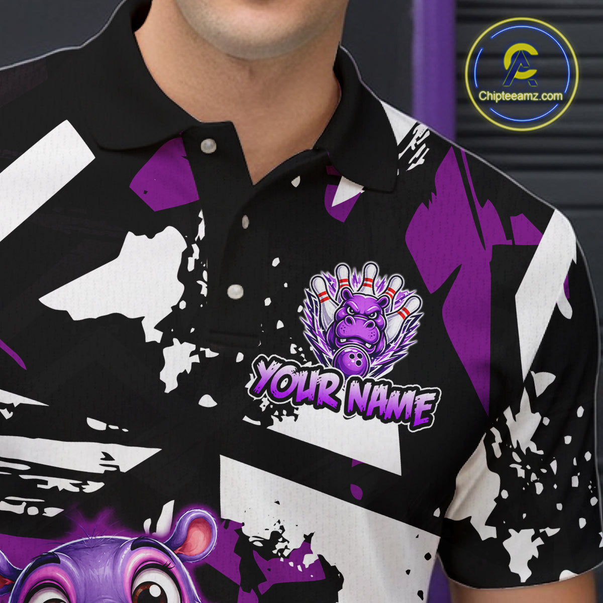 Bowling polo shirt featuring a purple hippo mascot holding a bowling ball, with custom player name text