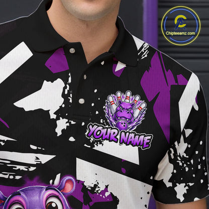 Bowling polo shirt featuring a purple hippo mascot holding a bowling ball, with custom player name text
