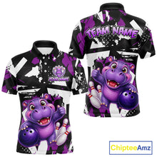 Load image into Gallery viewer, Front and back views of a black, white, and purple bowling polo shirt featuring a cheerful purple hippo holding a bowling ball, with custom team and player name text.