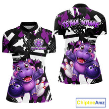 Load image into Gallery viewer, Front and back views of a black, white, and purple bowling quarter zip shirt featuring a cheerful purple hippo holding a bowling ball, with custom team and player name text.