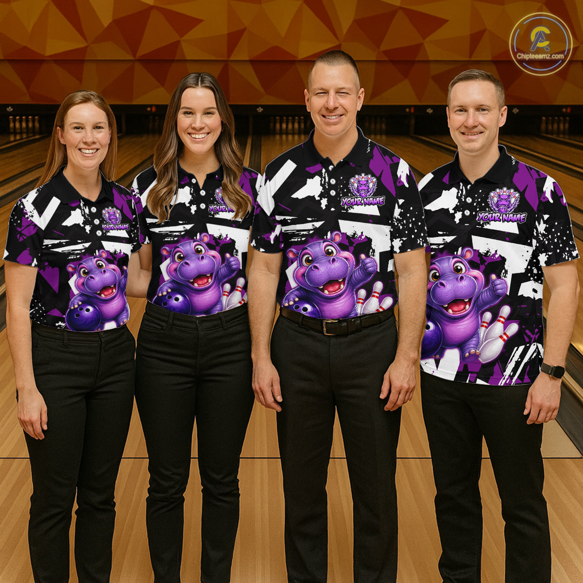 Four-person bowling team wearing bowling polo shirt featuring a cheerful purple hippo holding a bowling ball