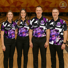 Load image into Gallery viewer, Four-person bowling team wearing bowling polo shirt featuring a cheerful purple hippo holding a bowling ball