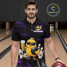 Load image into Gallery viewer, Man wearing black bowling polo featuring a sunglasses-wearing yellow chick holding a bowling ball and beer, surrounded by smiling bowling pins, with personalized name and team name text.