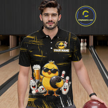 Load image into Gallery viewer, Man wearing a black bowling polo featuring a sunglasses-wearing yellow chick holding a bowling ball and beer, surrounded by smiling bowling pins, with personalized name and team name text.