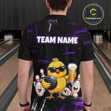 Load image into Gallery viewer, Man wearing black bowling polo featuring a sunglasses-wearing yellow chick holding a bowling ball and beer, surrounded by smiling bowling pins, with personalized name and team name text.