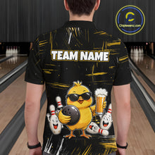 Load image into Gallery viewer, Man wearing a black bowling polo featuring a sunglasses-wearing yellow chick holding a bowling ball and beer, surrounded by smiling bowling pins, with personalized name and team name text.