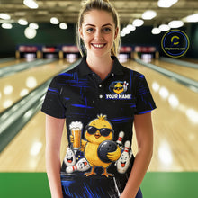 Load image into Gallery viewer, Women wearing bowling quarter zip shirt featuring a chick holding a bowling ball surrounded by smiling pins and beer graphics on black yellow background