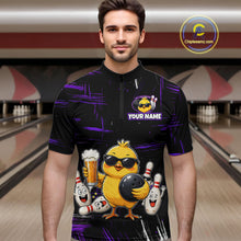 Load image into Gallery viewer, Man wearing black bowling polo featuring a sunglasses-wearing yellow chick holding a bowling ball and beer, surrounded by smiling bowling pins, with personalized name and team name text.