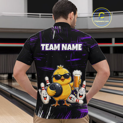 Man wearing black bowling quarter zip featuring a sunglasses-wearing yellow chick holding a bowling ball and beer, surrounded by smiling bowling pins, with personalized name and team name text.