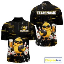 Load image into Gallery viewer, Front and back views of a black bowling quarter zip featuring a sunglasses-wearing yellow chick holding a bowling ball and beer, surrounded by smiling bowling pins, with personalized name and team name text.