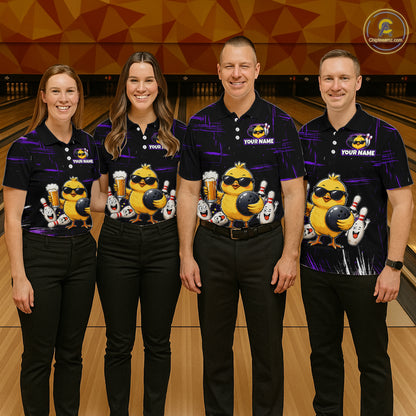 Four people wearing black bowling polo featuring a sunglasses-wearing yellow chick holding a bowling ball and beer, surrounded by smiling bowling pins, with personalized name and team name text.