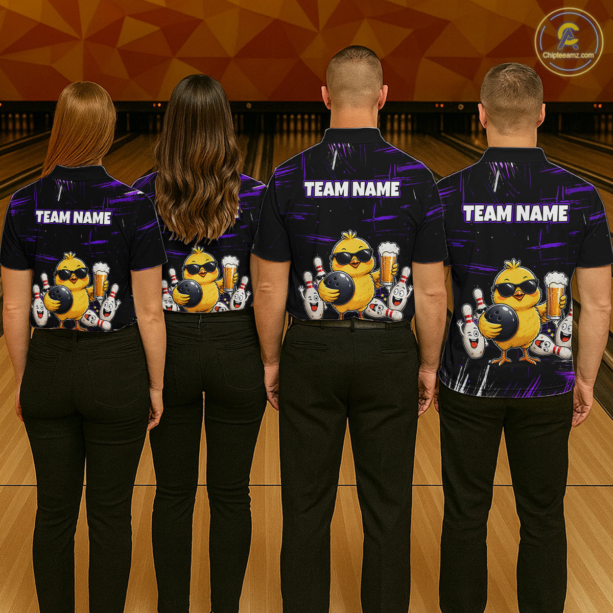 Four people wearing bowling polo shirt featuring a chick holding a bowling ball surrounded by smiling pins and beer graphics on black yellow background.