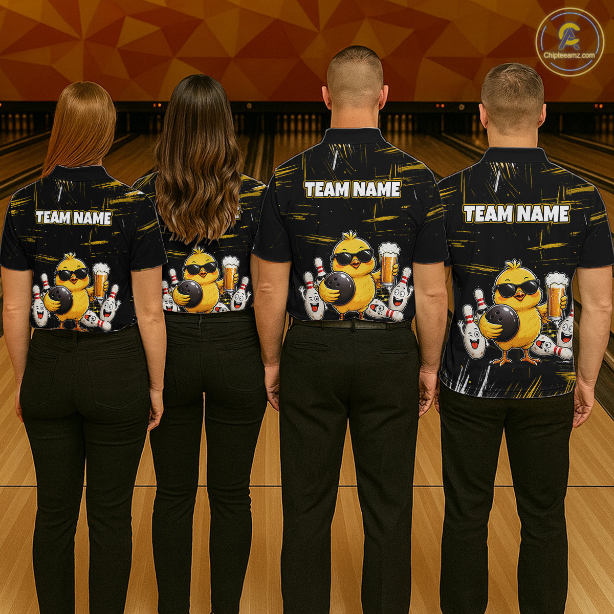 Four people wearing bowling polo shirt featuring a chick holding a bowling ball surrounded by smiling pins and beer graphics on black yellow background.