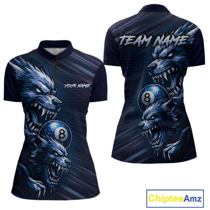 Custom Blue Wolf 8 Ball Billiard Shirts for Women Billiard Team Jerseys Billiard League NNT274