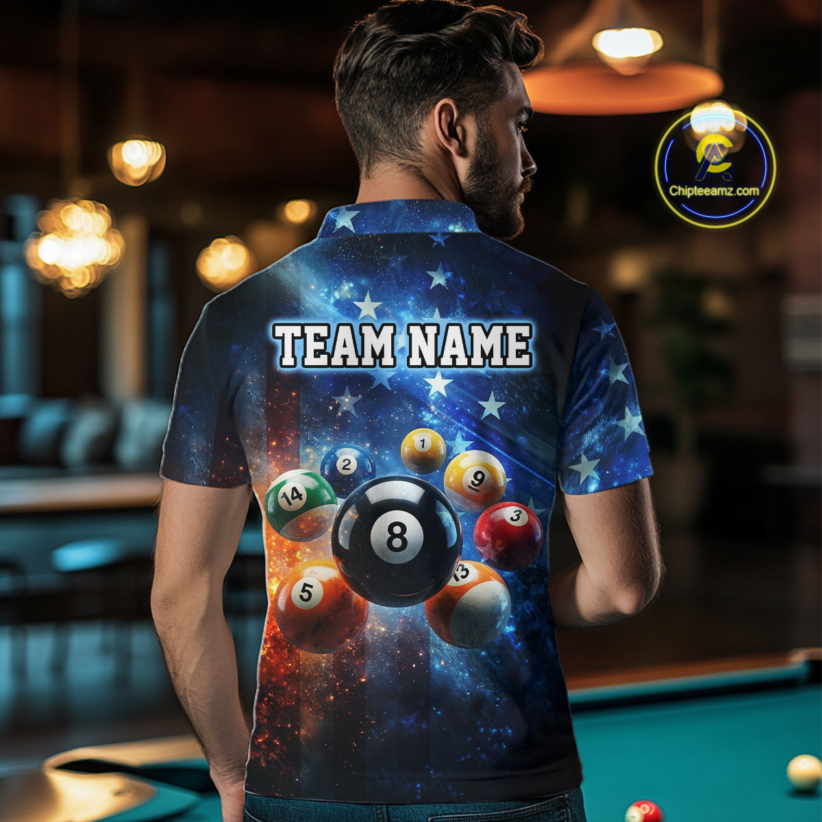 Person wearing a shirt with pool ball design and 'Team Name' text in a bar setting.