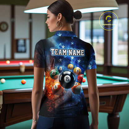 Woman wearing a shirt with pool ball design and 'Team Name' text in a billiards room.