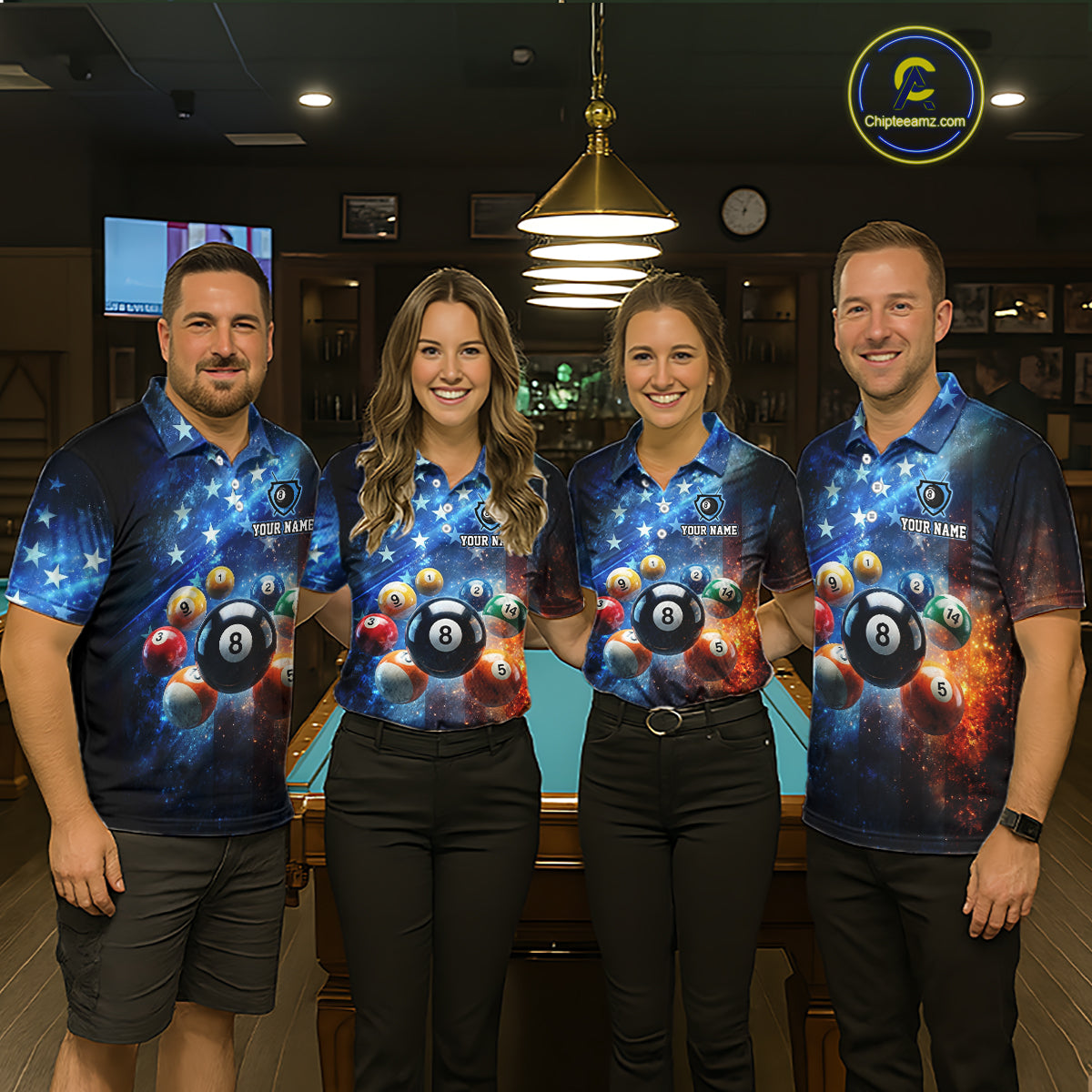 Four people wearing matching bowling-themed shirts in a bar setting.