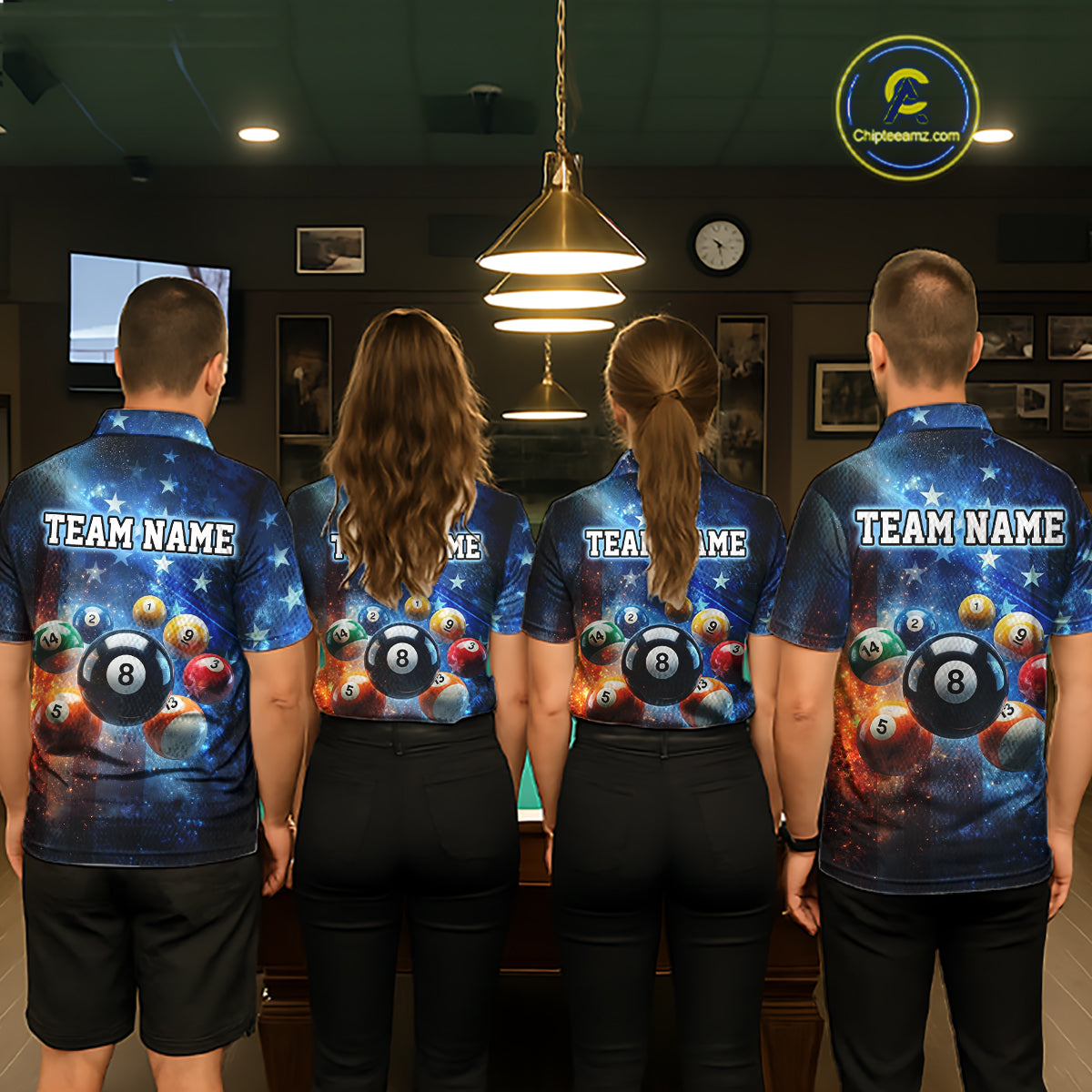 Four people wearing matching sports jerseys with billiard ball designs in a pool hall.