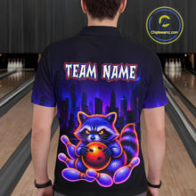 Load image into Gallery viewer, Man wearing bowling polo shirt featuring a raccoon holding a bowling ball framed by pins with purple city skyline background.