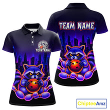 Load image into Gallery viewer, Front and back bowling polo shirt featuring a raccoon holding a bowling ball framed by pins with purple city skyline background.