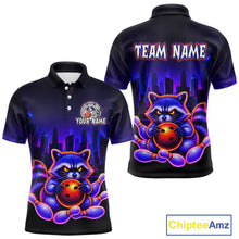 Load image into Gallery viewer, Front and back bowling polo shirt featuring a raccoon holding a bowling ball framed by pins with purple city skyline background.