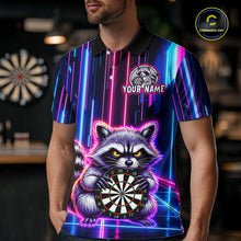 Load image into Gallery viewer, Man wearing darts polo shirt featuring a raccoon holding a dartboard framed by neon light effects on a black background.