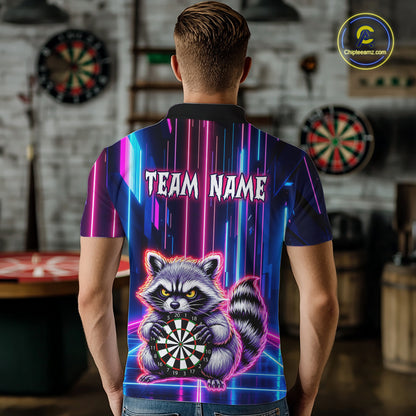 Man wearing darts polo shirt featuring a raccoon holding a dartboard framed by neon light effects on a black background.