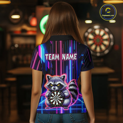Women wearing darts polo shirt featuring a raccoon holding a dartboard framed by neon light effects on a black background.