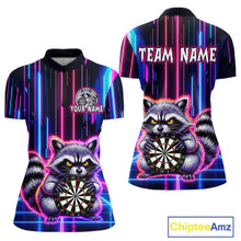Load image into Gallery viewer, Front and back darts quarter zip shirt featuring a raccoon holding a dartboard framed by neon light effects on a black background.