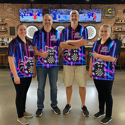 Four people wearing darts polo shirt featuring a raccoon holding a dartboard framed by neon light effects on a black background.