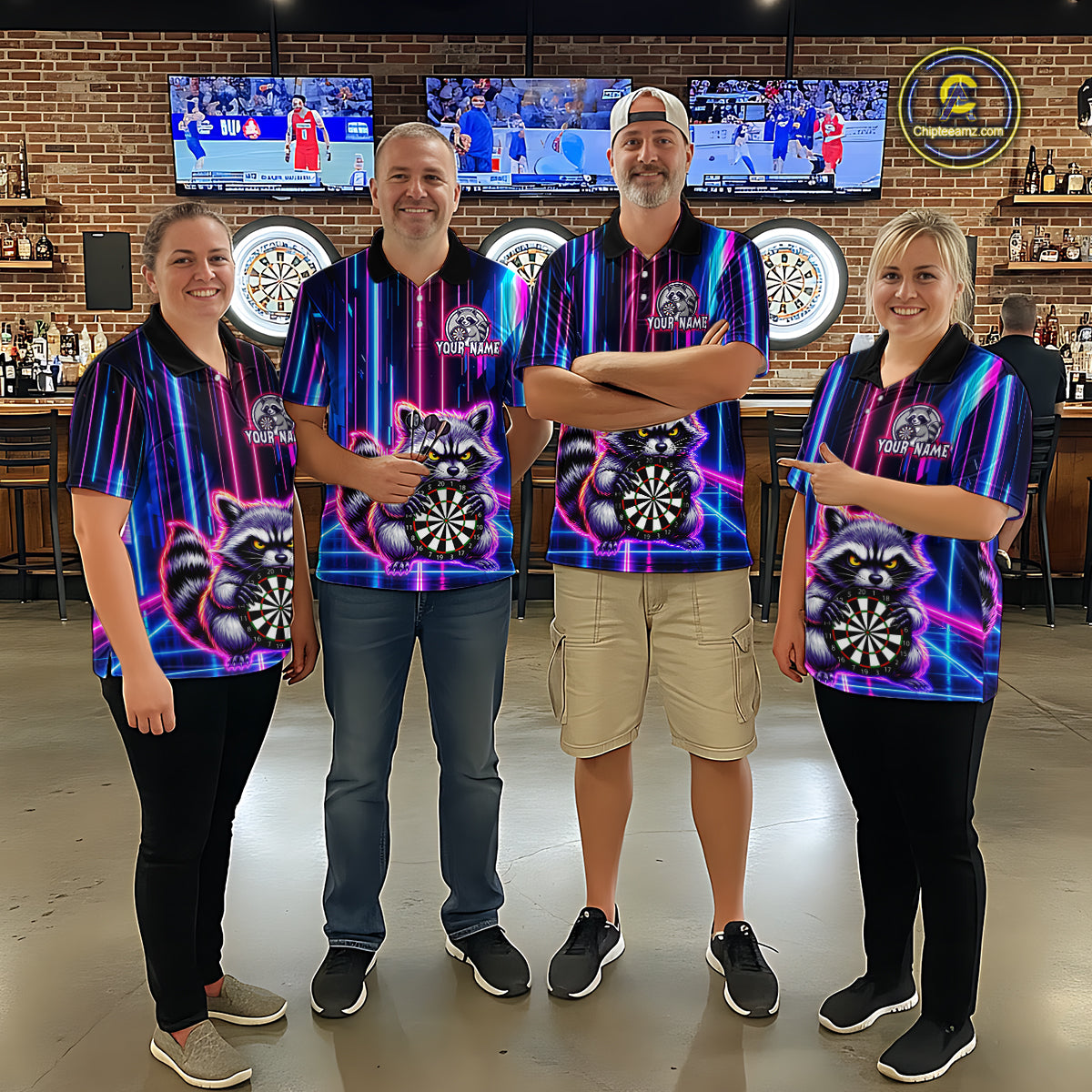 Four people wearing darts polo shirt featuring a raccoon holding a dartboard framed by neon light effects on a black background.