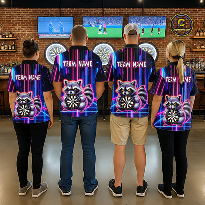 Four people wearing darts polo shirt featuring a raccoon holding a dartboard framed by neon light effects on a black background.