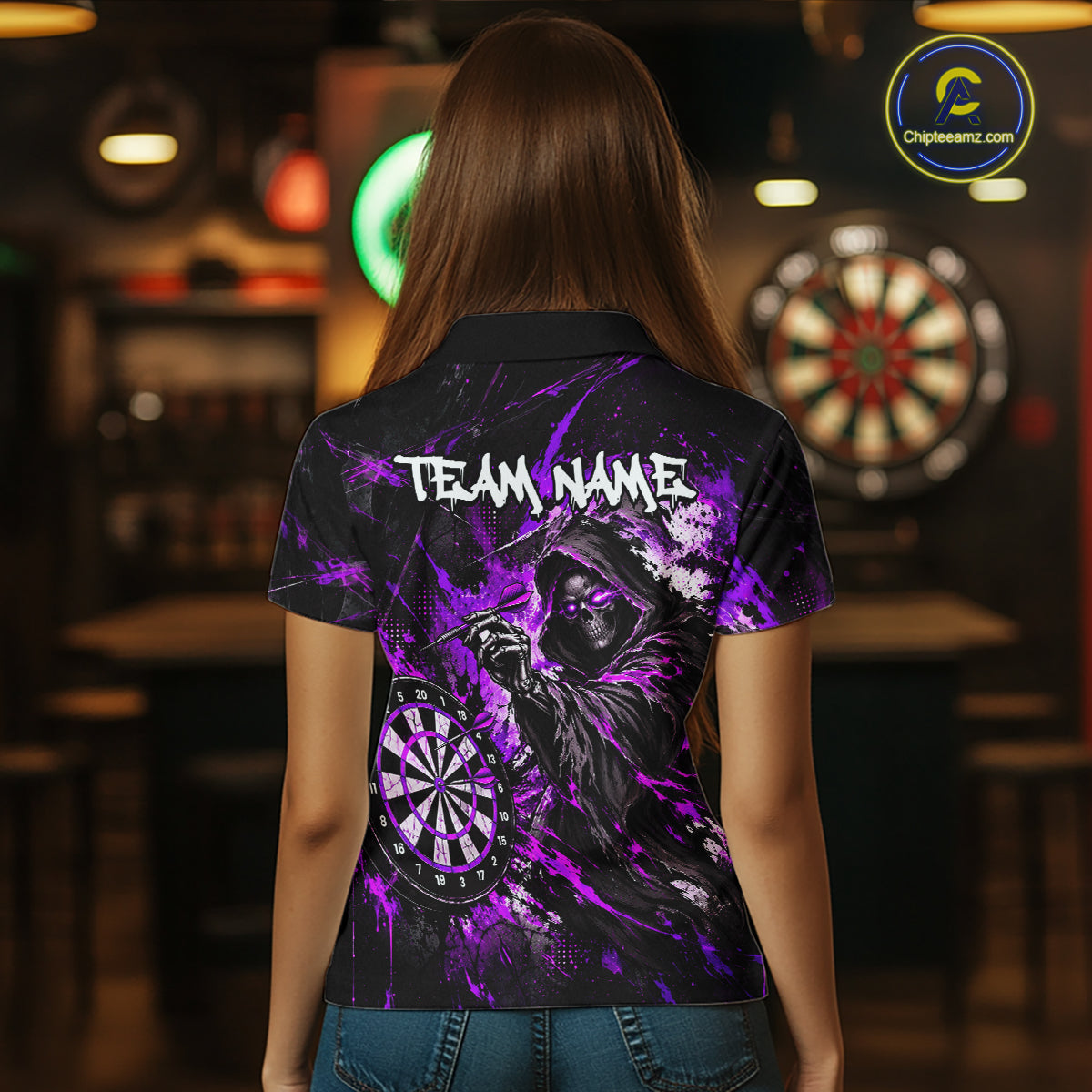 Custom Purple Grim Reaper Flame Dart Shirts for Women Dart Team Jerseys Dartboard Outfit NNT355