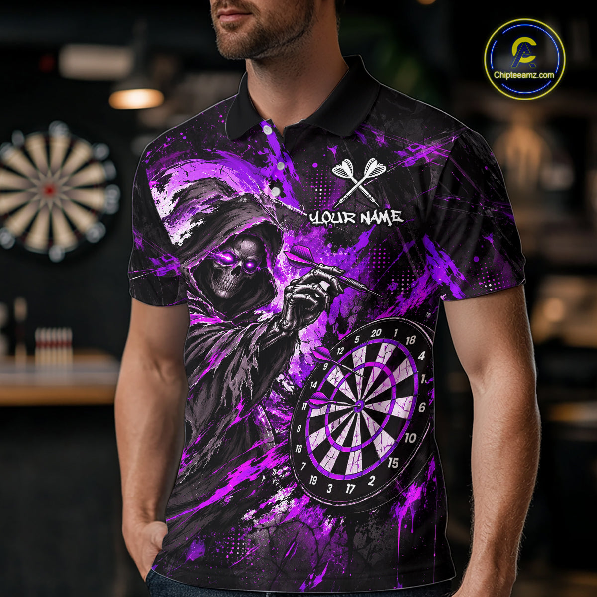Custom Purple Grim Reaper Flame Dart Shirts for Men Dart Team Jerseys Dartboard Outfit NNT355