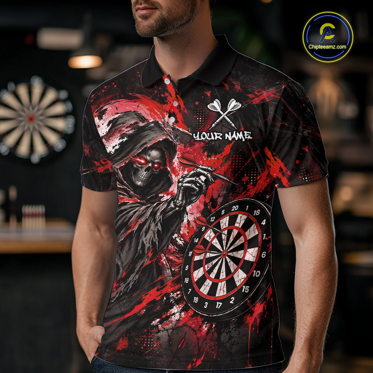 Custom Red Grim Reaper Flame Dart Shirts for Men Dart Team Jerseys Dartboard Outfit NNT355