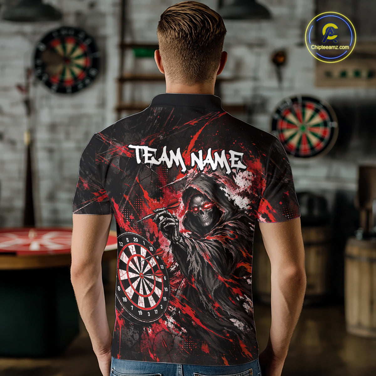 Custom Red Grim Reaper Flame Dart Shirts for Men Dart Team Jerseys Dartboard Outfit NNT355