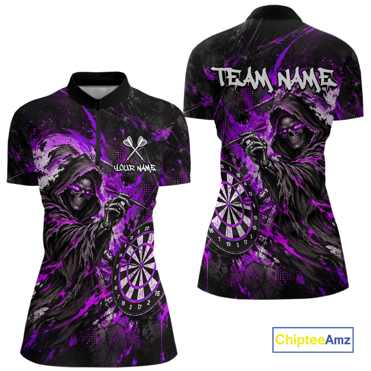 Custom Purple Grim Reaper Flame Dart Shirts for Women Dart Team Jerseys Dartboard Outfit NNT355