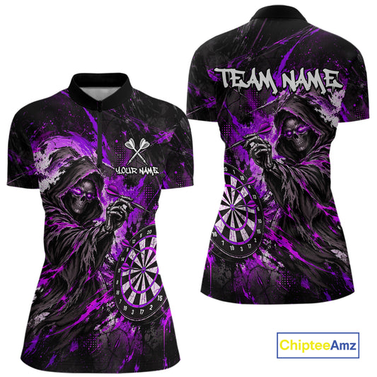Custom Purple Grim Reaper Flame Dart Shirts for Women Dart Team Jerseys Dartboard Outfit NNT355