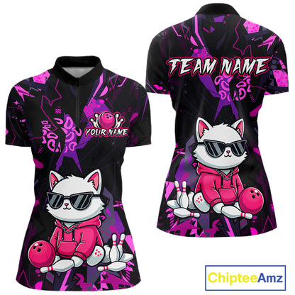 Custom Funny Cat Bowling Bowling Jersey for Women Bowling Team Shirts Polo & 1/4 Zip HNT194