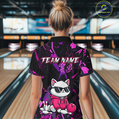 Custom Funny Cat Bowling Bowling Jersey for Women Bowling Team Shirts Polo & 1/4 Zip HNT194