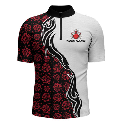 Custom Red Rose Flowers Bowling Jersey for Men Polo & 1/4 Zip Bowling Team Shirts HNT212