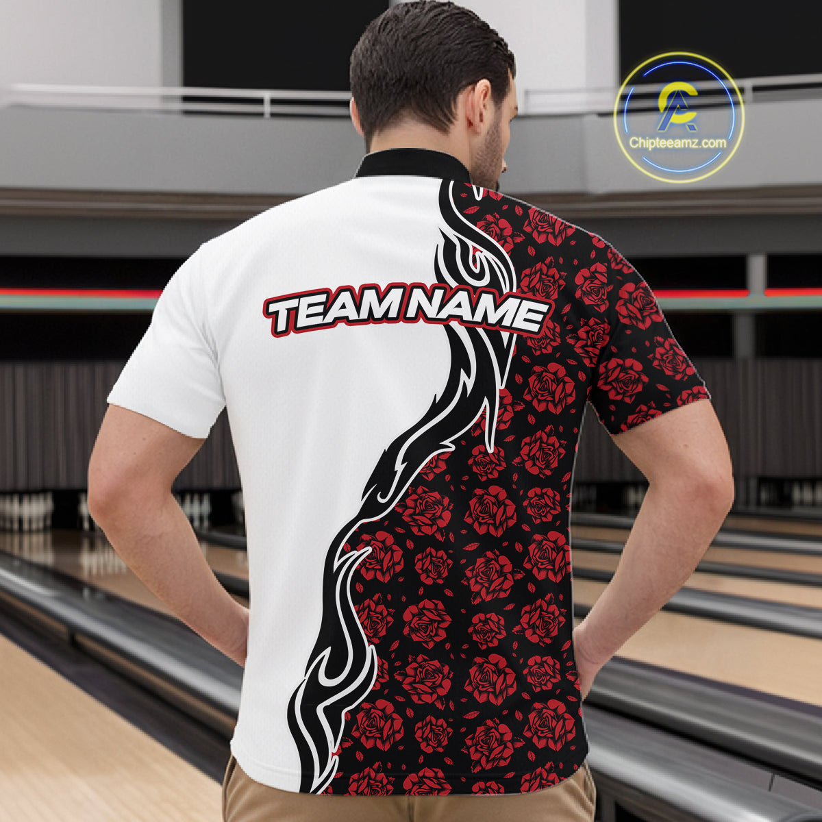 Custom Red Rose Flowers Bowling Jersey for Men Polo & 1/4 Zip Bowling Team Shirts HNT212