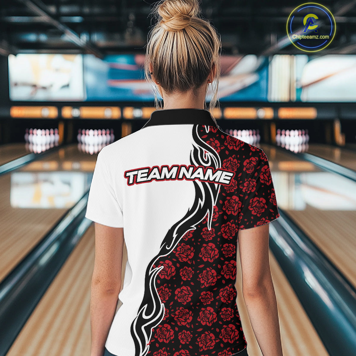 Custom Red Rose Flowers Bowling Jersey for Women Polo & 1/4 Zip Bowling Team Shirts HNT212