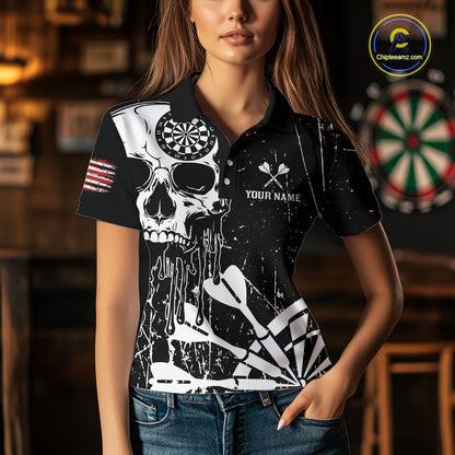 Custom White Skull Darts Board Dart Shirts for Women Darts Team Jerseys Polo & 1/4 Zip NNT133