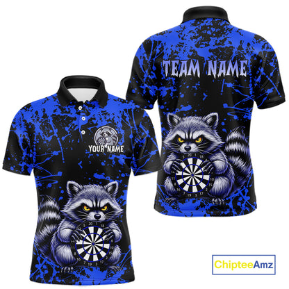 Polo shirt with raccoon design and customizable text on a blue and black background