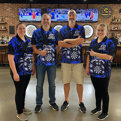 Four people in matching blue shirts with raccoon graphics standing in a bar setting.