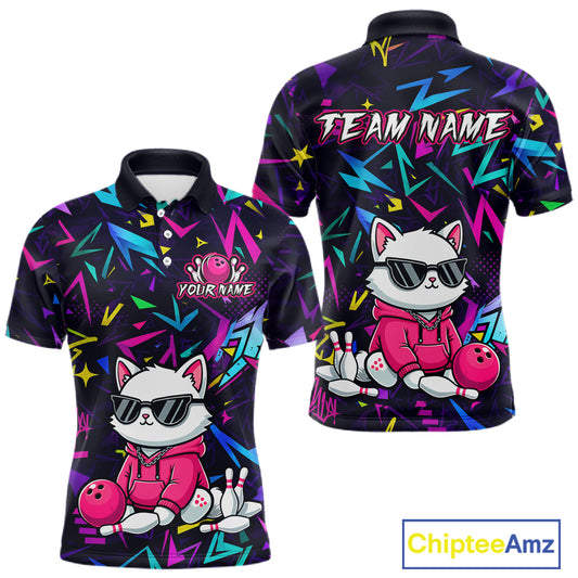 Front and back views of a black bowling polo with neon geometric patterns, custom team text, and a white cat mascot in sunglasses holding a pink bowling ball.