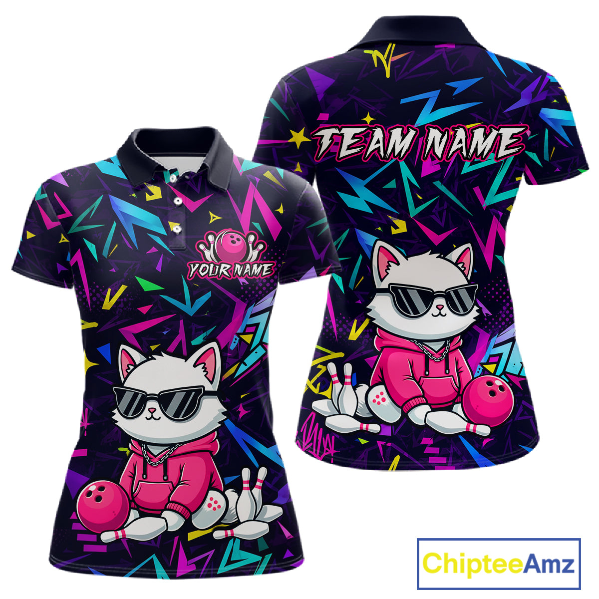 Front and back views of a black bowling polo with neon geometric patterns, custom team text, and a white cat mascot in sunglasses holding a pink bowling ball.